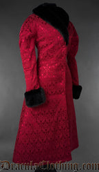 Red gothic brocade coat with black faux fur collar and cuffs, front view on a gray background