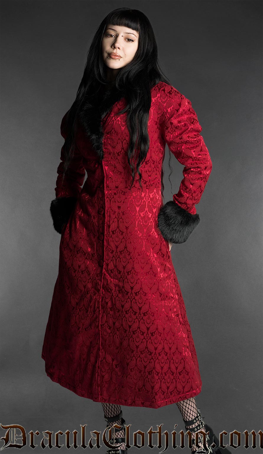 Gothic Red Brocade Coat With Faux Fur