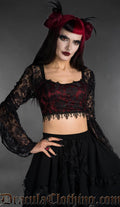 Black and red lace long-sleeve crop top with sheer sleeves and scalloped hem