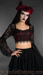 Black and red lace long-sleeve crop top with sheer sleeves and scalloped hem