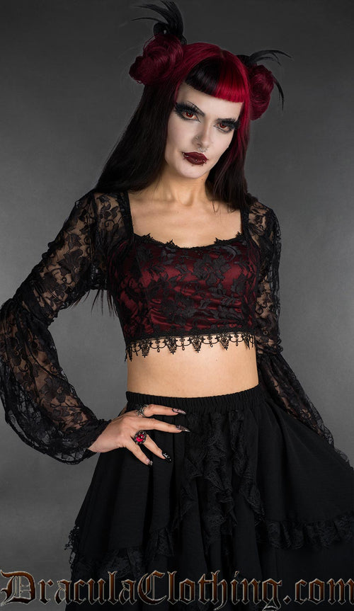 Black and red lace long-sleeve crop top with sheer sleeves and scalloped hem