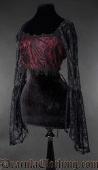 Black lace crop top with red underlay and long sheer bell sleeves