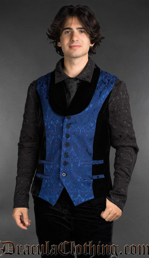 Men’s blue brocade gothic waistcoat with black shawl lapel, Victorian alternative vest worn over a black shirt