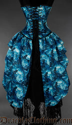 Blue and black gothic bustle corset featuring moonlit graveyard artwork back view