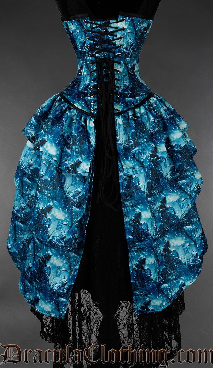 Blue and black gothic bustle corset featuring moonlit graveyard artwork back view