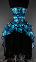 Blue and black gothic bustle corset featuring moonlit graveyard artwork