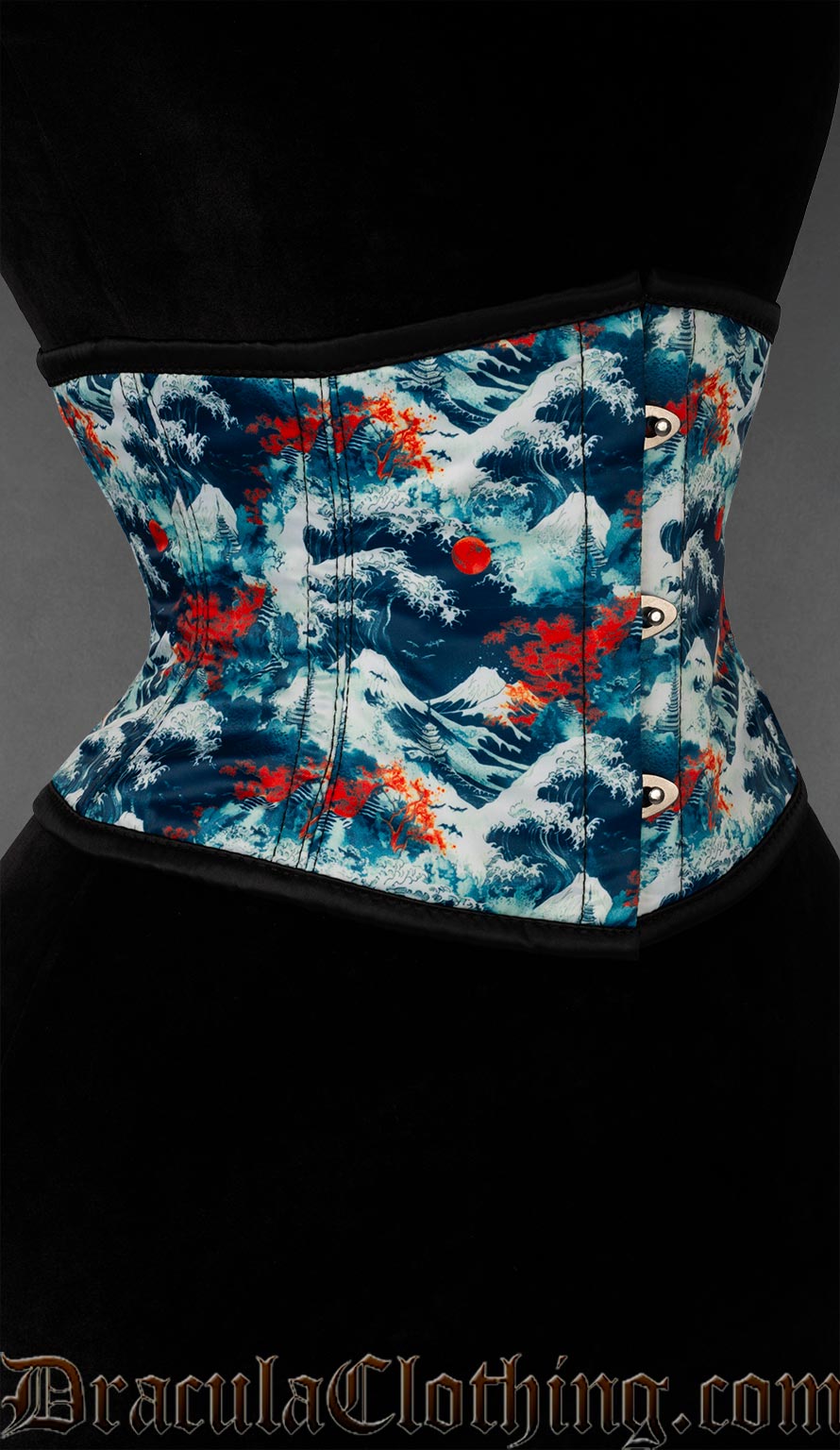 Side view of red moon and blue wave print waist cincher