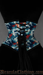 Back view of wave print waist cincher showing matching print modesty panel and adjustable lacing