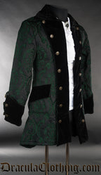 Side view of green brocade pirate jacket showing velvet accents and two rows of gold coloured decorative buttons