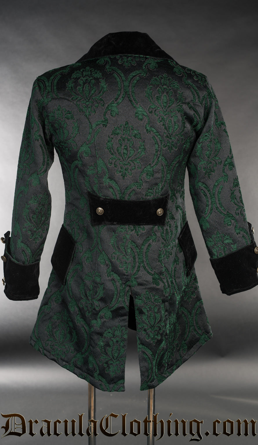 Back view of men's pirate inspired green brocade jacket showing black velvet half belt and gold coloured decorative buttons