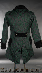 Back view of men's pirate inspired green brocade jacket showing black velvet half belt and gold coloured decorative buttons