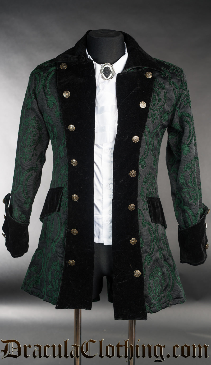 Men's green brocade jacket inspired by pirates with an open double breasted design and velvet accents