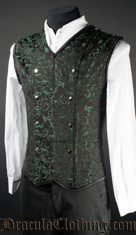 Men's Green Brocade V-Shaper with front panel attached by silver poppers