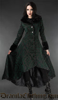 Women's high low winter coat made with black and green brocade jacquard in a damask pattern with black faux fur accents