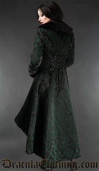 Back view of women's green and black brocade coat showing adjustable corset style lacing in the torso satin trim details and faux fur accent collar