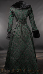 Back view of women's green and black brocade coat showing adjustable lacing in torso