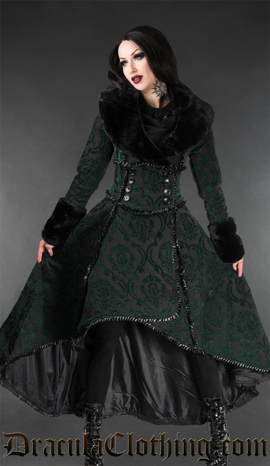 Women's black winter coat with satin lining and dark green woven brocade damask design on rich thick fabric