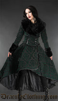 Women's black winter coat with satin lining and dark green woven brocade damask design on rich thick fabric