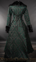 Back view of black and green brocade women's coat showing satin trim details and adjustable corset lacing in the back