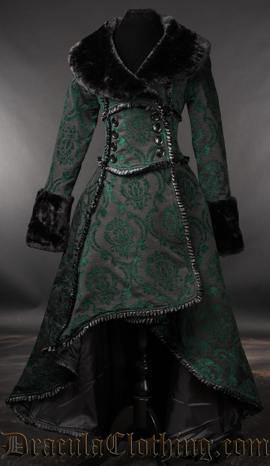 Women's black and green damask pattern brocade coat with ruffled satin details and faux fur collar and cuffs