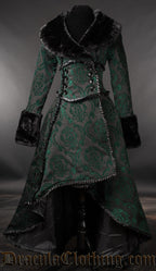 Women's black and green damask pattern brocade coat with ruffled satin details and faux fur collar and cuffs