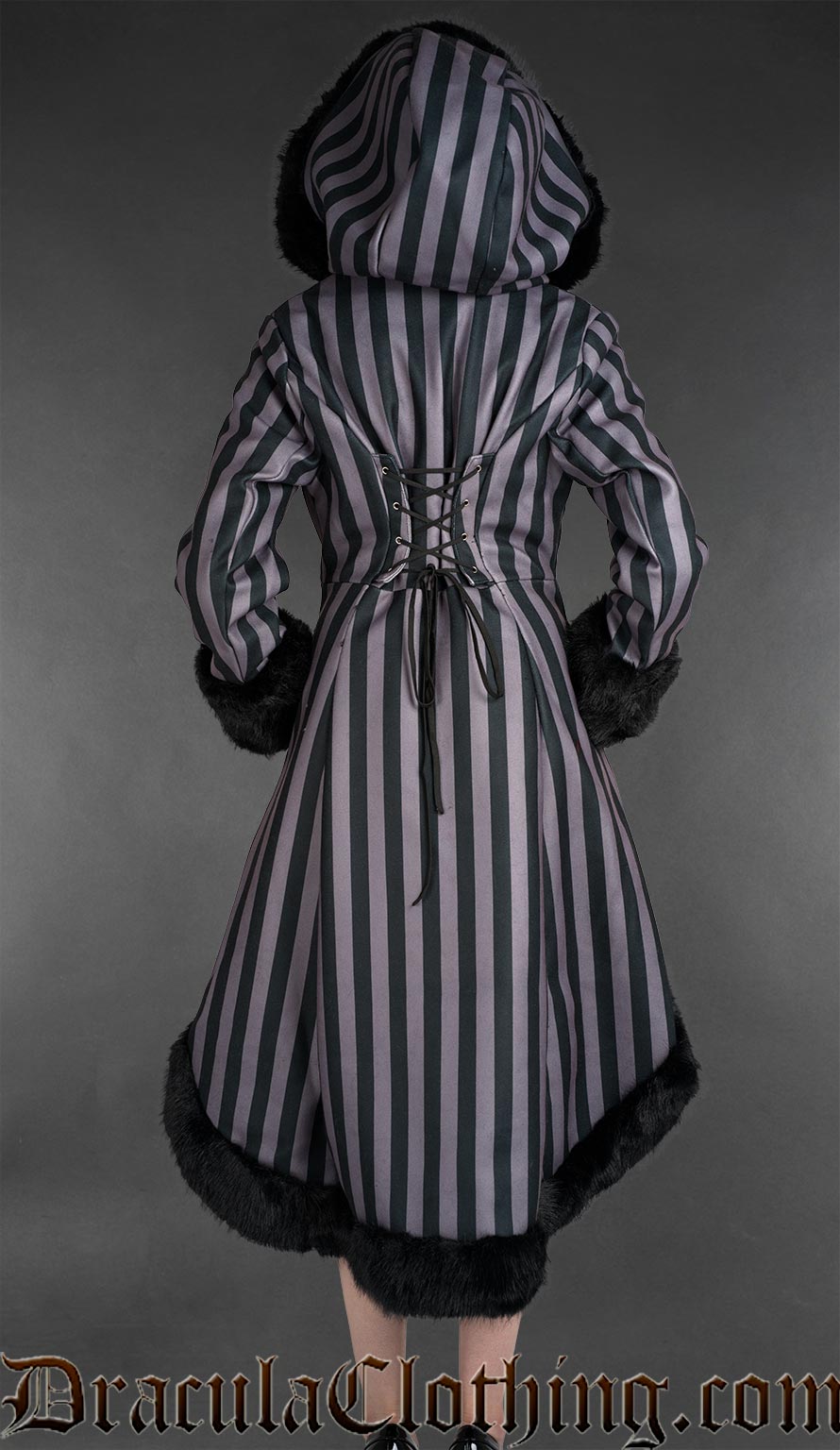 Grey Striped High Low Winter Coat With Hood
