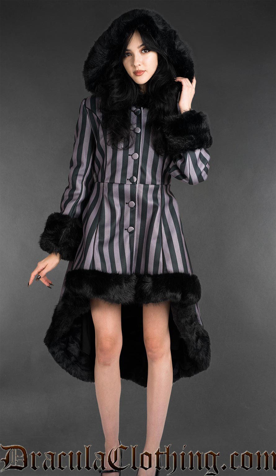 Grey Striped High Low Winter Coat With Hood