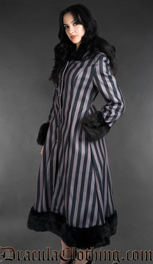 Grey Striped Winter Coat With Hood