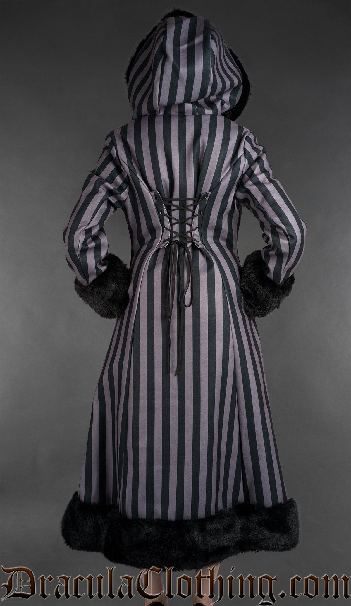 Grey Striped Winter Coat With Hood