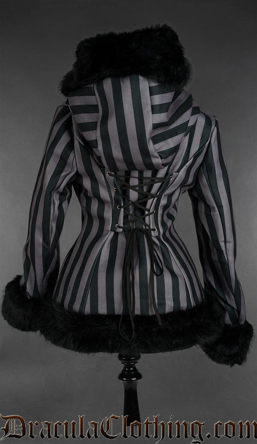 Grey Striped Winter Jacket With Hood