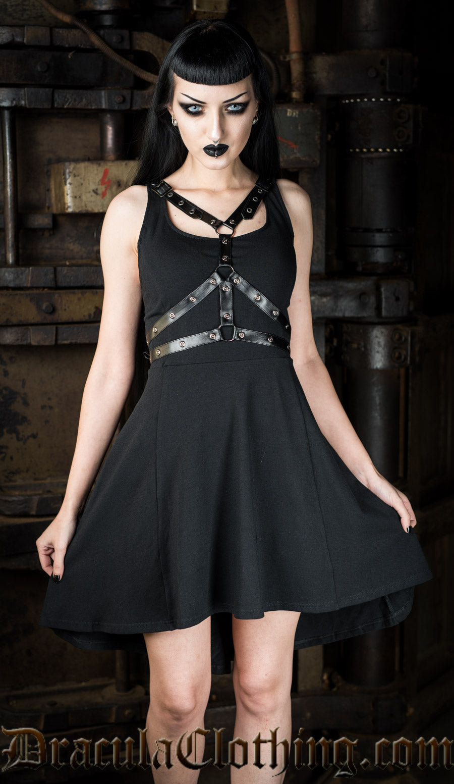 Black harness dress shown on model