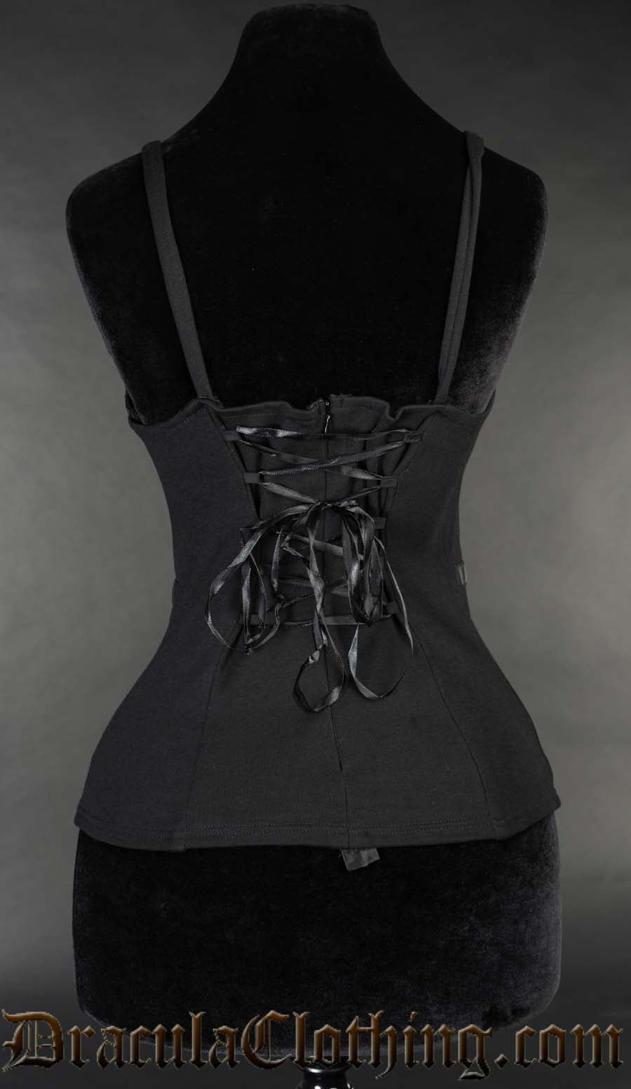 Back view of women's black cotton harness top showing adjustable lacing in the back