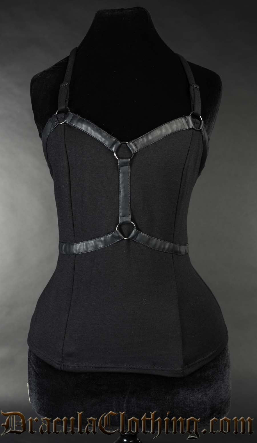 Women's black cotton and faux leather harness illusion top with adjustable shoulder straps