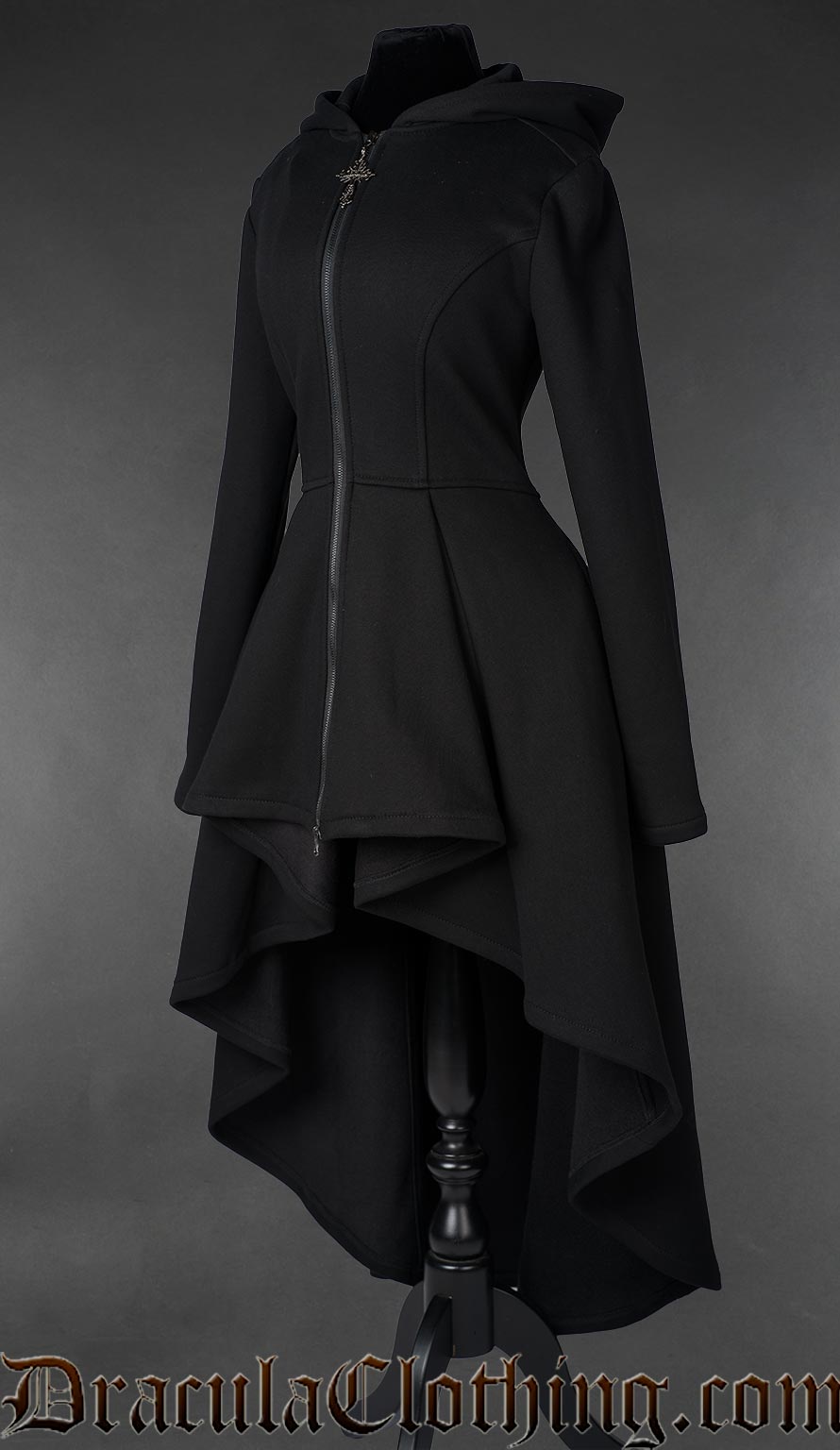 Thick cotton long high low hoodie with black zipper and a gothic cross