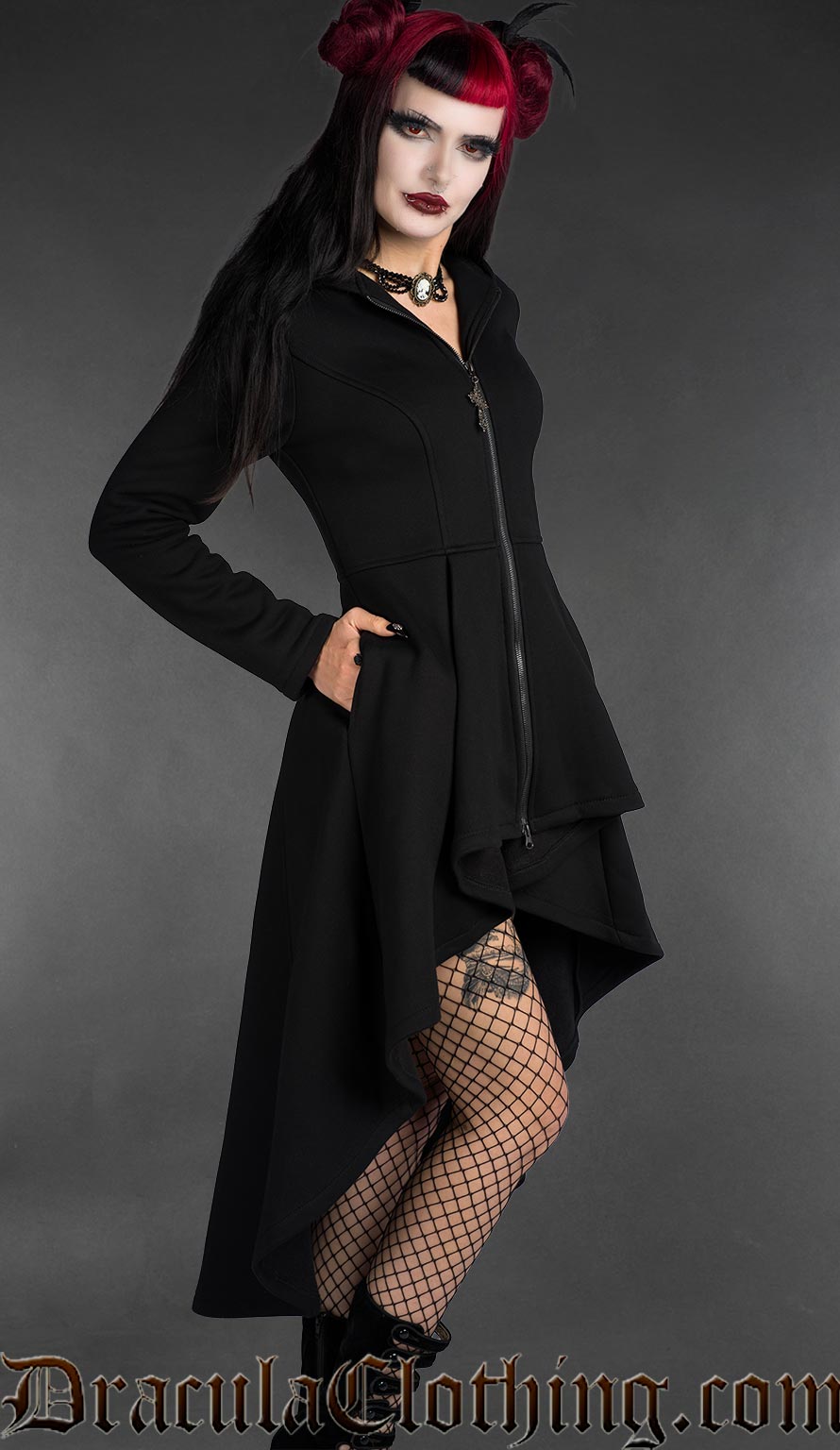 Thick cotton long high low hoodie with black zipper and a gothic cross