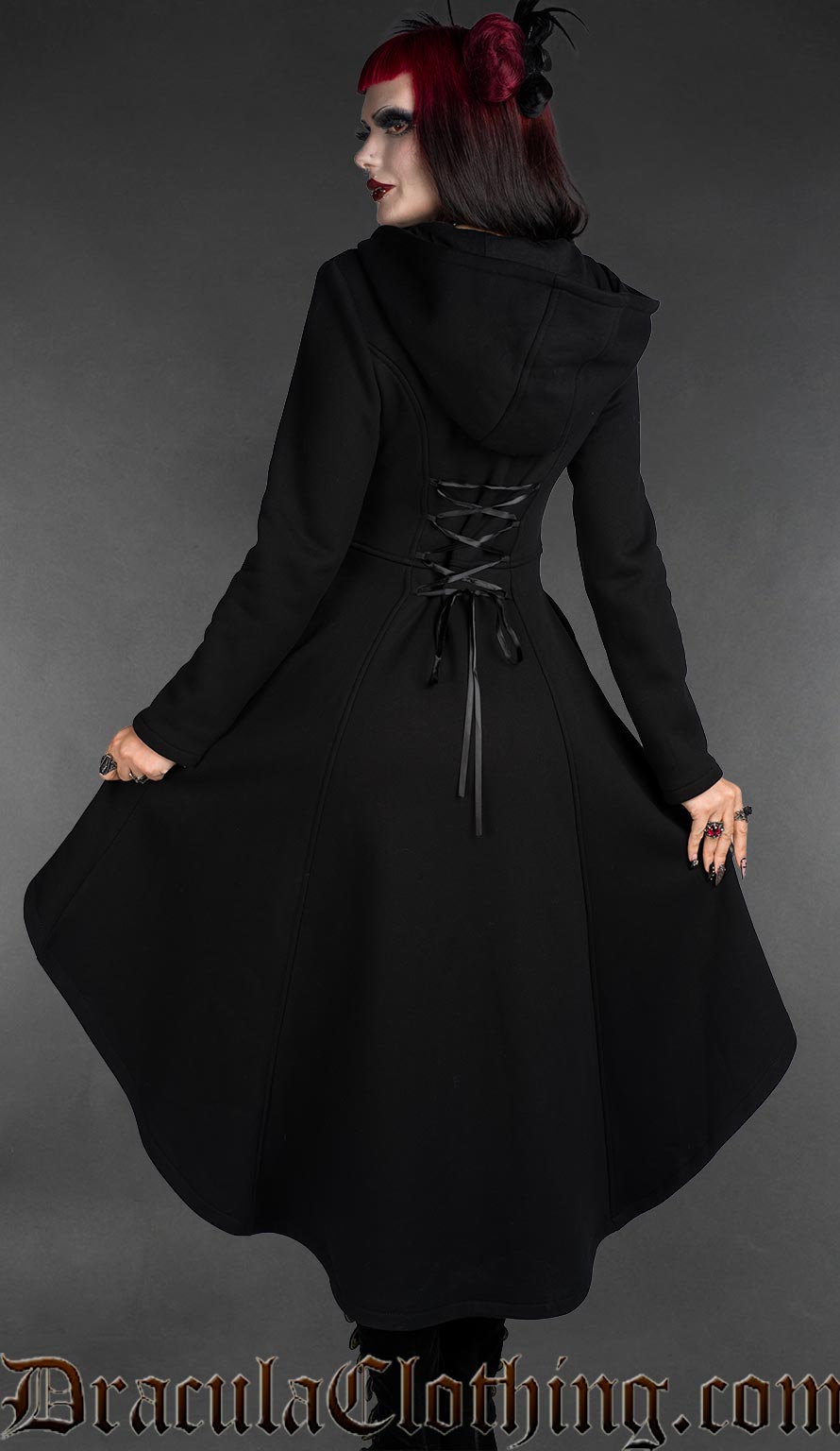 Thick cotton long high low hoodie with black zipper and a gothic cross