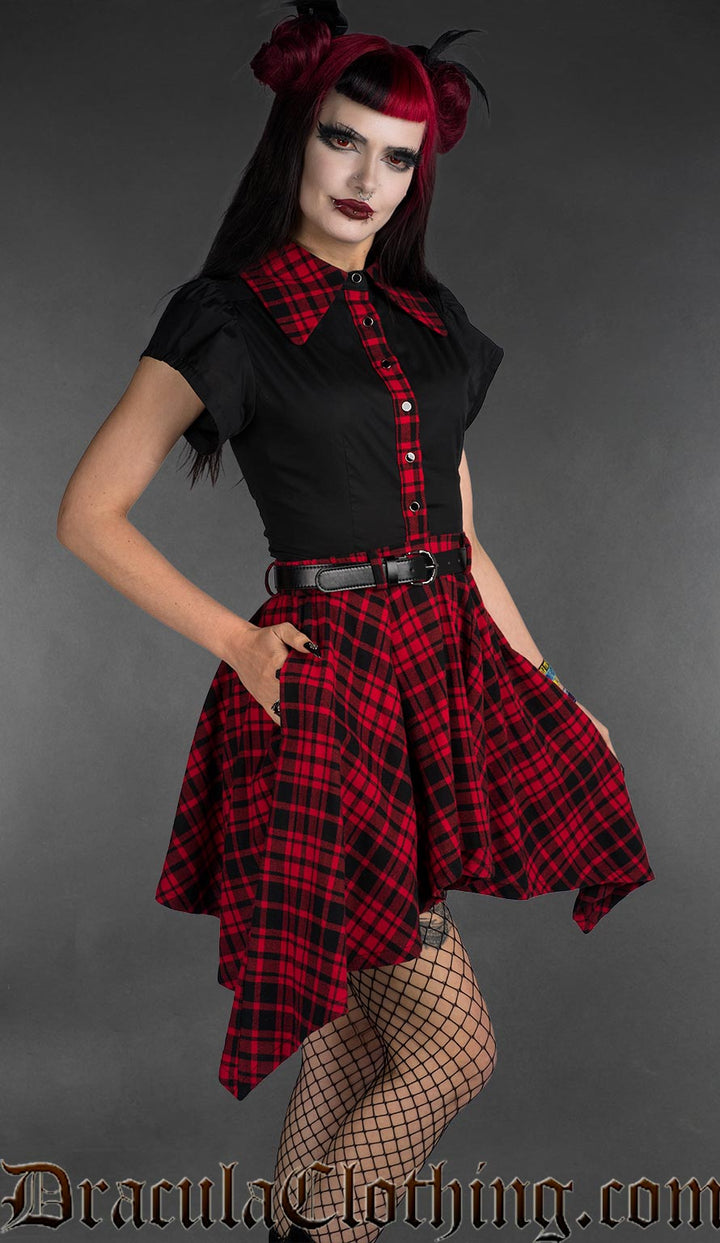 High low cotton tartan skirt with pockets and black bouse with tartan details