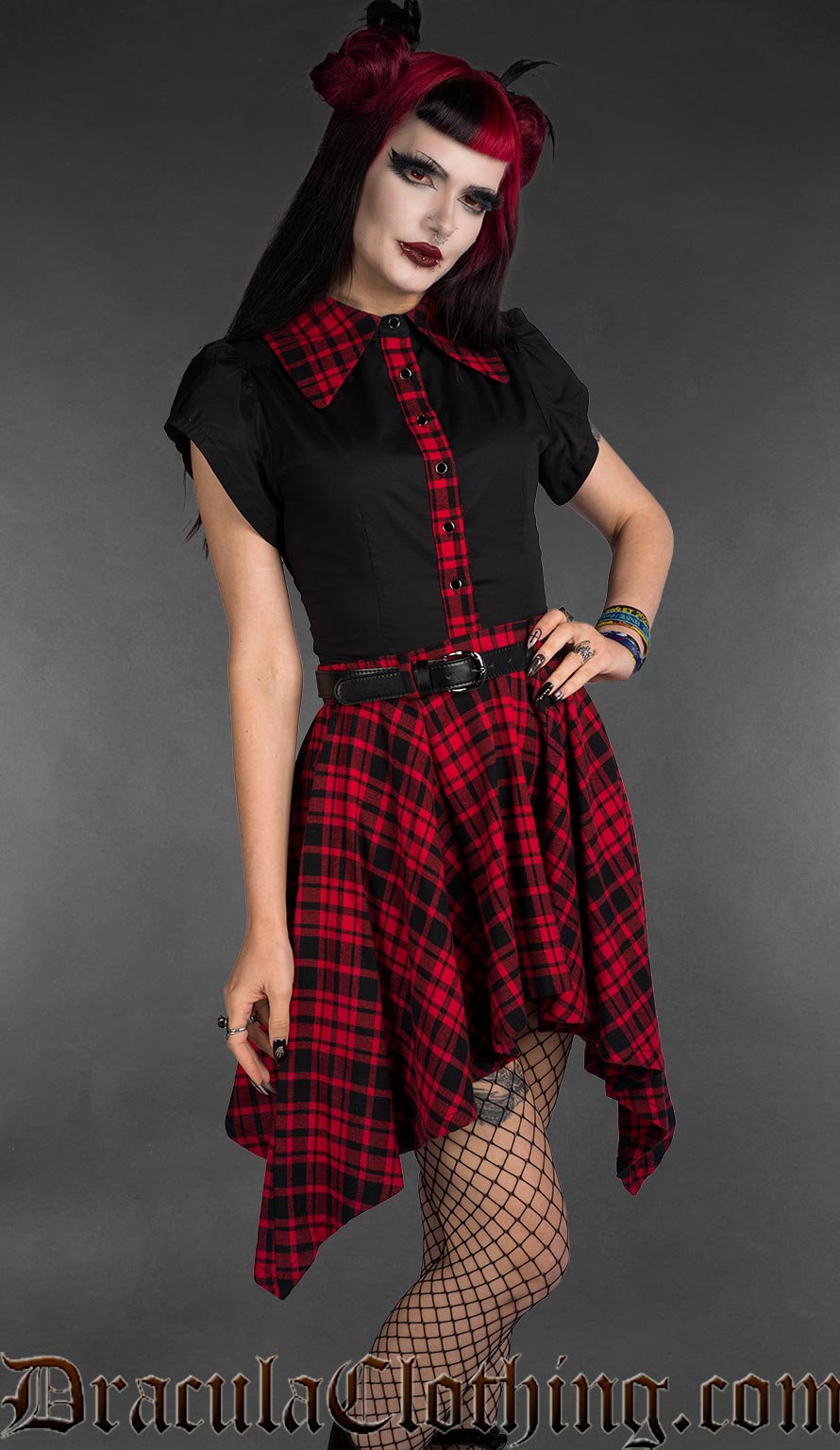 High low cotton tartan skirt with pockets and black blouse with red tartan details