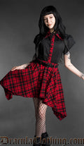 Black and red tartan high-low skirt with asymmetrical hem, styled front view