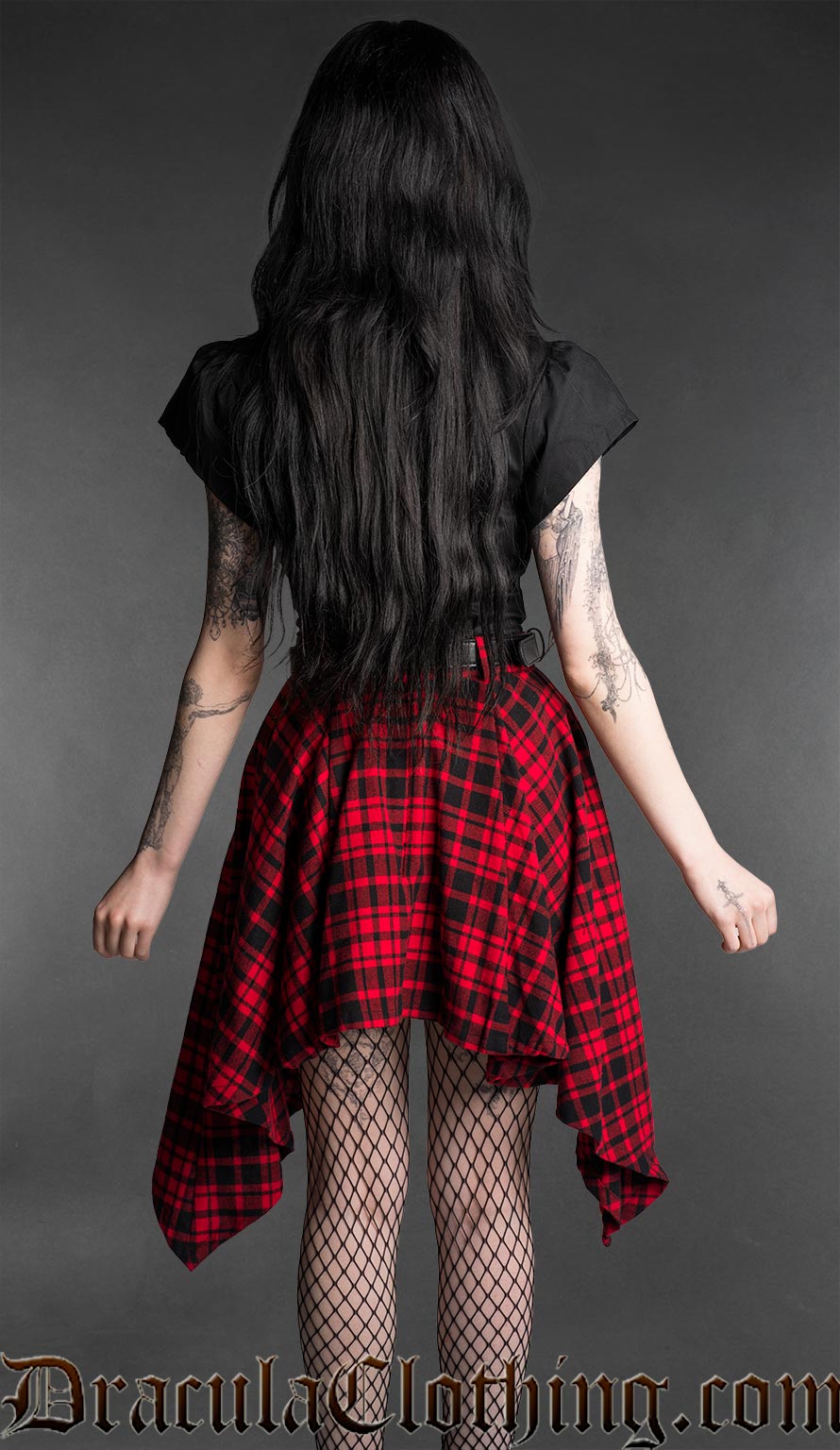Black and red tartan high-low skirt with asymmetrical hem, back view