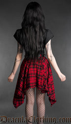 Black and red tartan high-low skirt with asymmetrical hem, back view