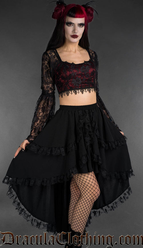 Black high-low tiered skirt with lace trim and layered ruffle hem