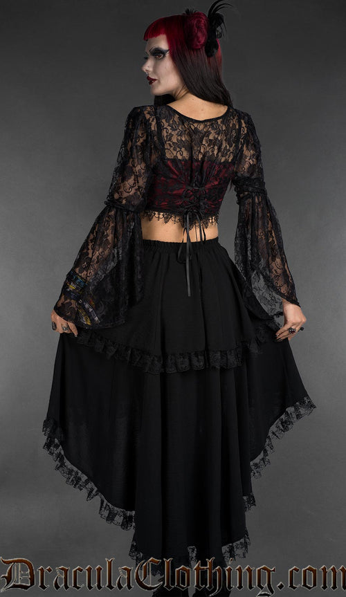 Black high-low tiered skirt with lace trim and asymmetrical hem, back view