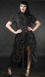 Black high waisted lace bustle skirt with buckle design worn by a model