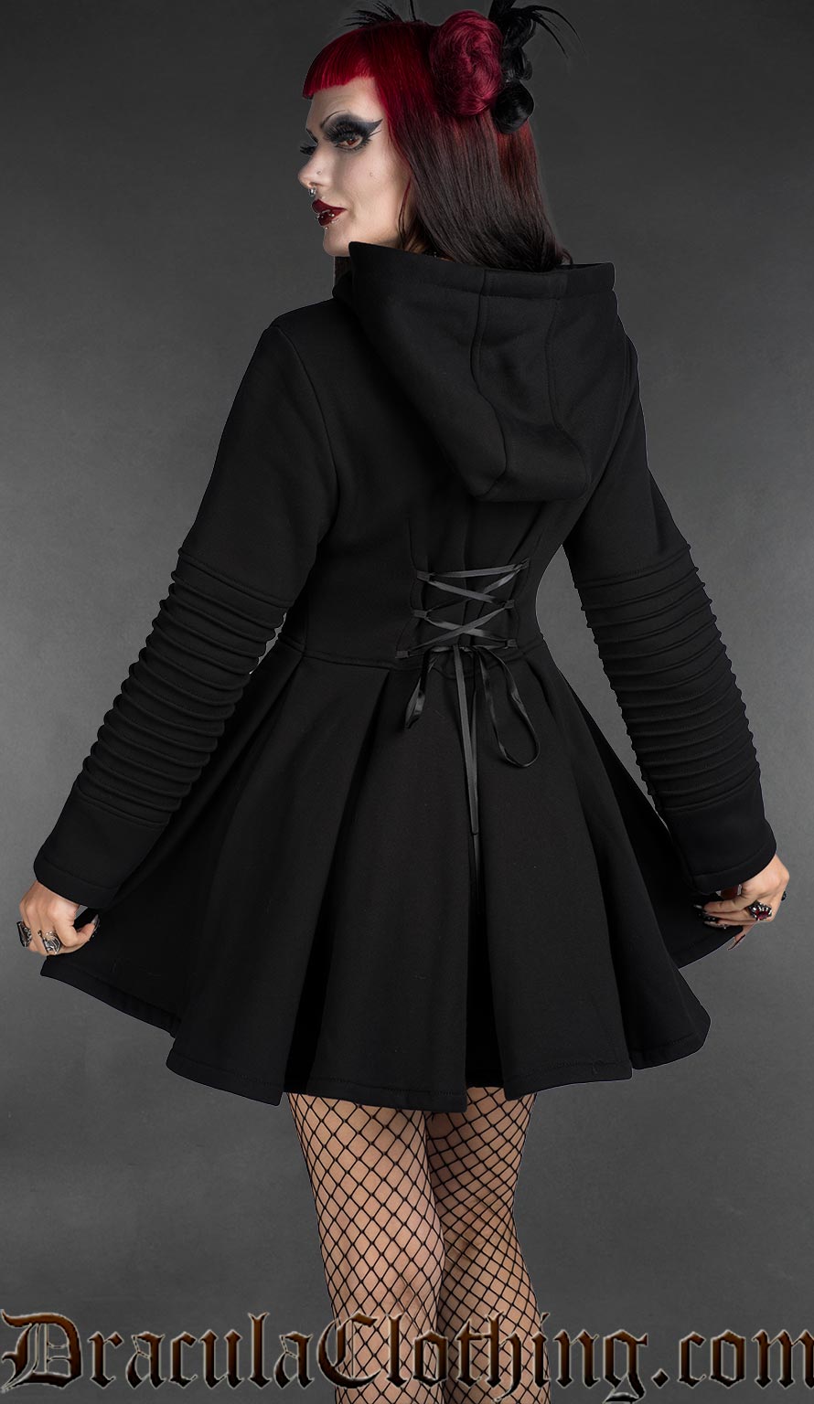 lace up hooded dress Size Small Goth Lace Up Hooded Dress Long Sleeve High Low Sexy Faire Outfit