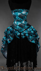 Blue and black gothic bustle corset featuring moonlit graveyard artwork
