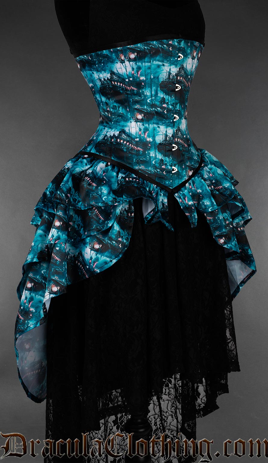 Blue and black gothic bustle corset featuring moonlit graveyard artwork side view
