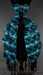 Blue and black gothic bustle corset featuring moonlit graveyard artwork back view