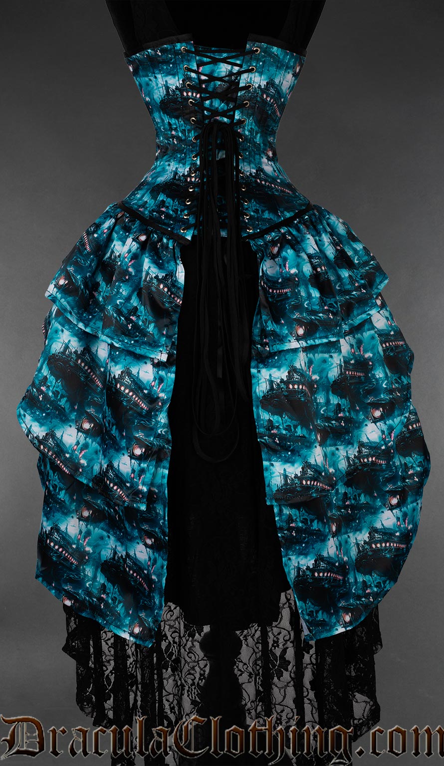 Blue and black gothic bustle corset featuring moonlit graveyard artwork back view