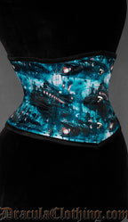 Side view of blue multicolour underwater printed satin waist cincher